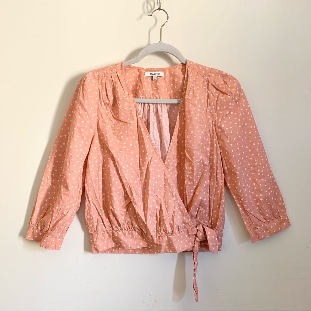 ❤️ 3/30 Madewell Orange Star Wrap Long Sleeves Tie Waist Blouse US Small